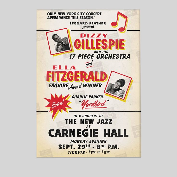 Dizzy Gillespie, Ella Fitzgerald, Charlie Parker poster - Carnegie Hall - 1947 Size 24''x36''