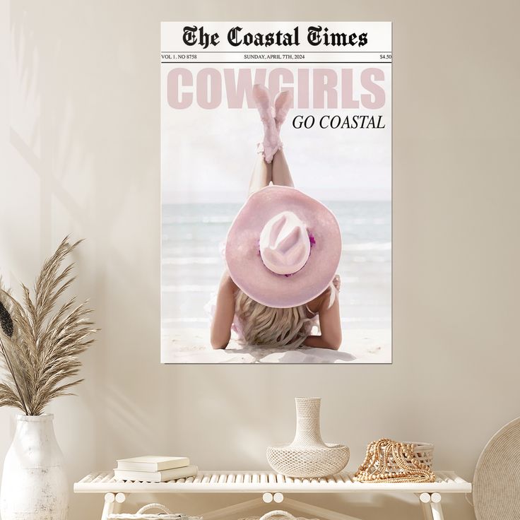 Retro Coastal Pink Cowgirl Newspaper Posters Country Western Cowboy Wild Art Preppy Girly Woman Basking Sun Outdoor Beach Seascape Prints For Home Bedroom Dorm Wall Decor Size 24''x36''