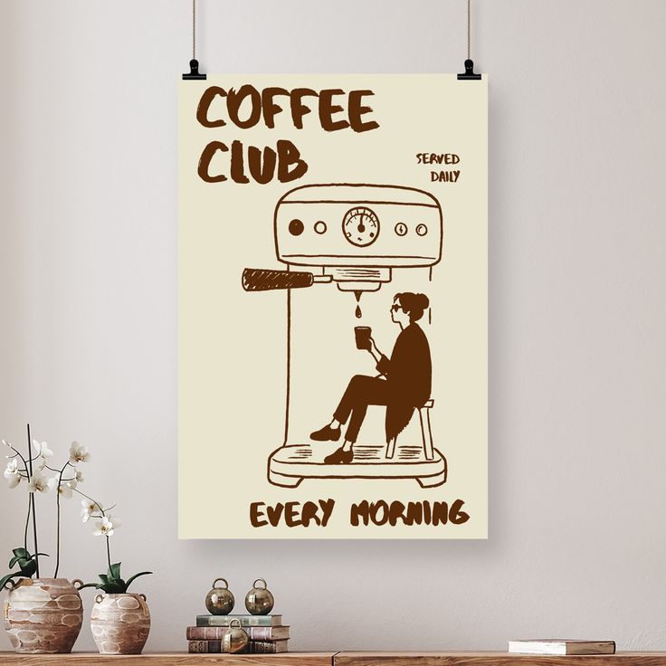 Vintage Poster - Coffee Club Hand Drawn Retro, Fun Kitchen Illlustration - Size 24x36