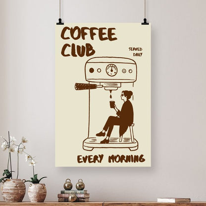 Vintage Poster - Coffee Club Hand Drawn Retro, Fun Kitchen Illlustration - Size 24x36