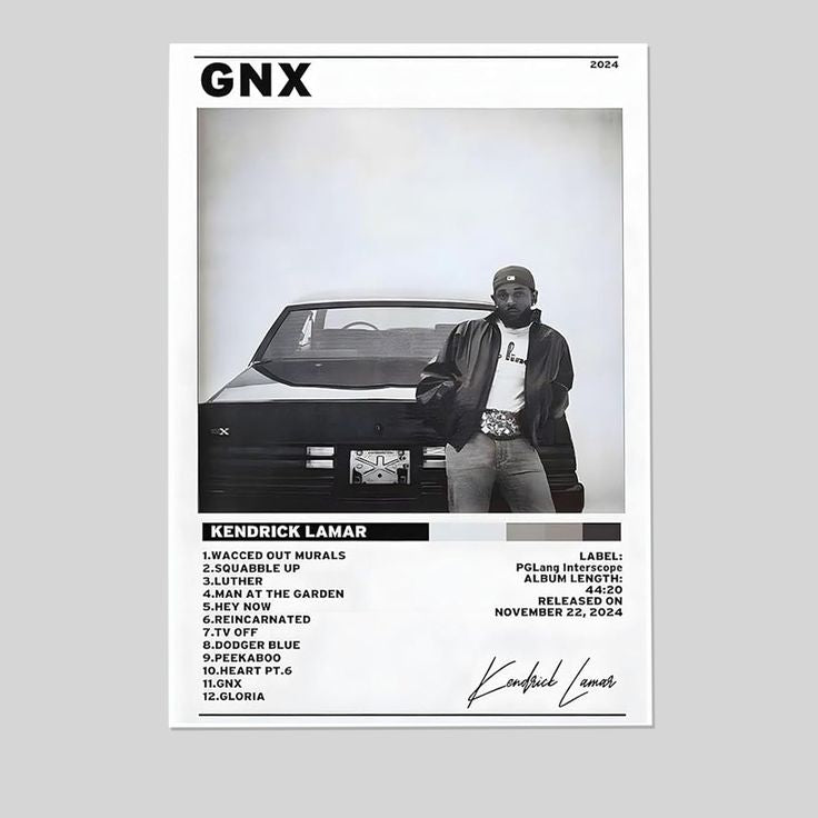 Kendrick Lamar Cover Canvas Wall Art, GNX Album Monochrome Hip-Hop Poster Size 24''x36''