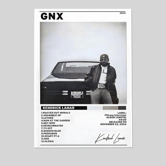 Kendrick Lamar Cover Canvas Wall Art, GNX Album Monochrome Hip-Hop Poster Size 24''x36''