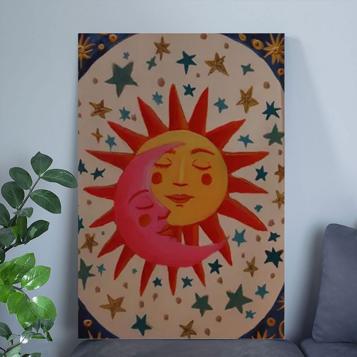 Sun and Moon Celestial Kissing Poster, Boho Astrology Wall Art Poster Size 24''x36''