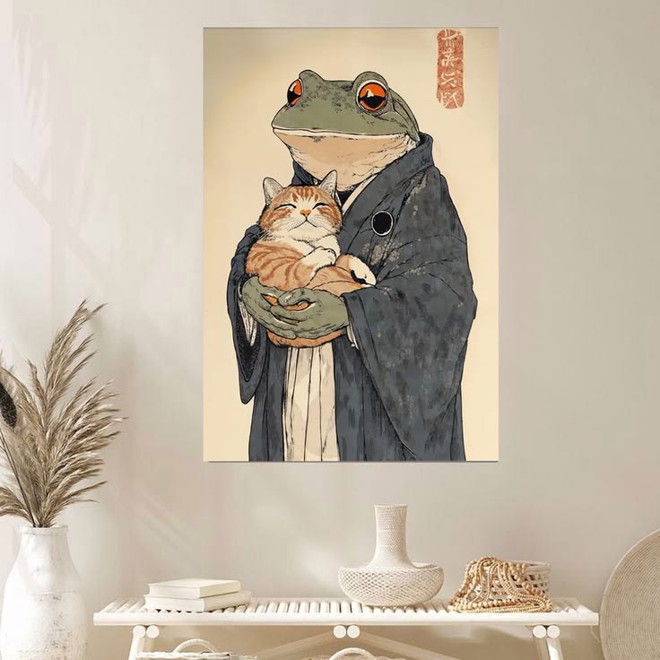 Lucky Shop Frog Holding Cat Anime Art, Japanese Poster Full Size 24''x36''