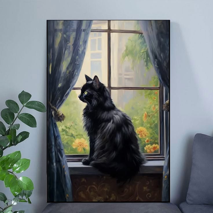 Black Cat Art, Dark Academia Decor Poster Full Size 24''x36''
