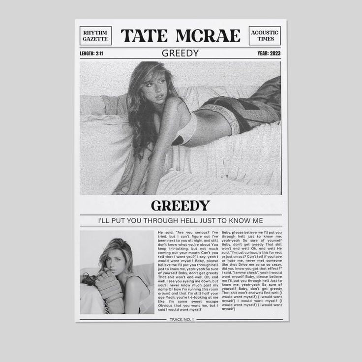 Tate McRae GREEDY Canvas Poster Wall Decorative Art Painting Living Room Bedroom Size 24''x36''