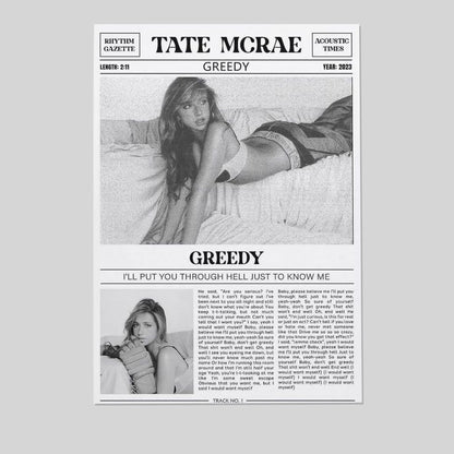 Tate McRae GREEDY Canvas Poster Wall Decorative Art Painting Living Room Bedroom Size 24''x36''