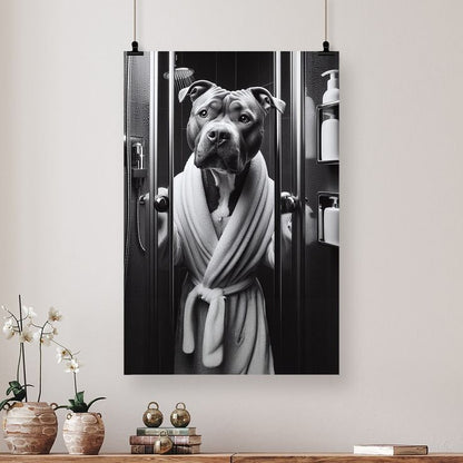 Cute Pitbull Dog Wearing Bathrobe Poster Framed Artwork Aesthetic Home Wall Decor for Living Room Bathroom Bedroom Size 24''x36''