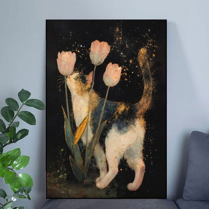 Whimsical Cat and Tulips Wall Art Poster Full Size 24''x36''