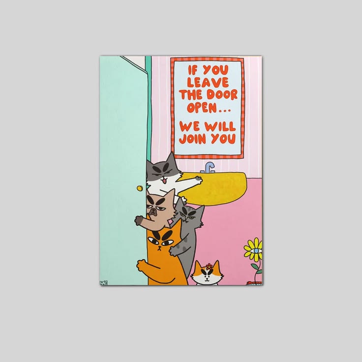Pastel Bathroom Wall Art, Humorous Cat Illustration Poster Full Size 24''x36''