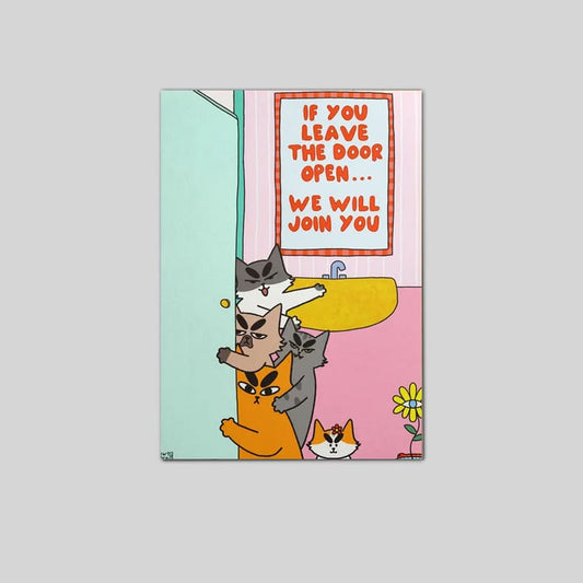Pastel Bathroom Wall Art, Humorous Cat Illustration Poster Full Size 24''x36''