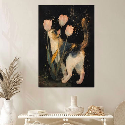 Whimsical Cat and Tulips Wall Art Poster Full Size 24''x36''