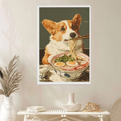 Lucky Shop Adorable Corgi Dog Eating Ramen Noodles Poster, Japanese Food Wall Poster Full Size 24''x36''