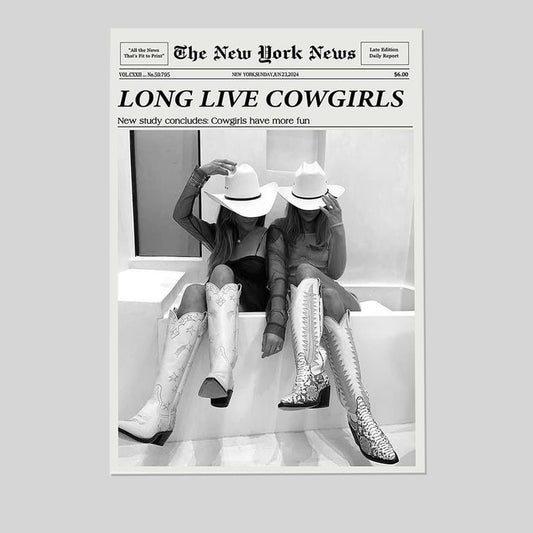 Coastal Cowgirl Wall Art Newspaper Print Wall Art - Western Wall Art Vintage Bar Cart Dorm Retro Decor - Long Live Cowgirls Art - Black and White Wild West Western Cowgirl Poster Size 24''x36''