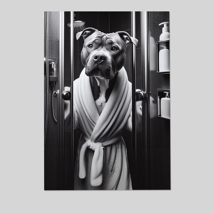 Cute Pitbull Dog Wearing Bathrobe Poster Framed Artwork Aesthetic Home Wall Decor for Living Room Bathroom Bedroom Size 24''x36''