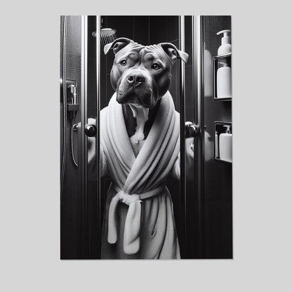 Cute Pitbull Dog Wearing Bathrobe Poster Framed Artwork Aesthetic Home Wall Decor for Living Room Bathroom Bedroom Size 24''x36''