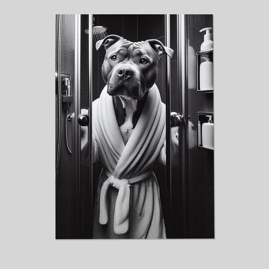 Cute Pitbull Dog Wearing Bathrobe Poster Framed Artwork Aesthetic Home Wall Decor for Living Room Bathroom Bedroom Size 24''x36''
