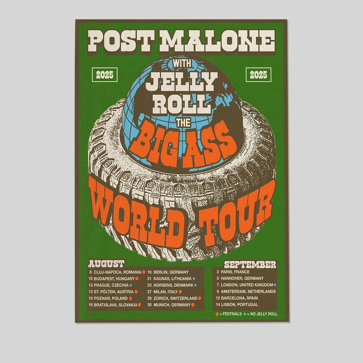 Post Malone With Jelly Roll The BIG ASS WORLD TOUR 2025 Poster Size 24''x36''