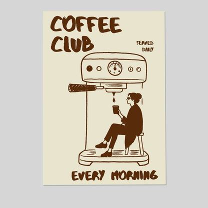 Vintage Poster - Coffee Club Hand Drawn Retro, Fun Kitchen Illlustration - Size 24x36