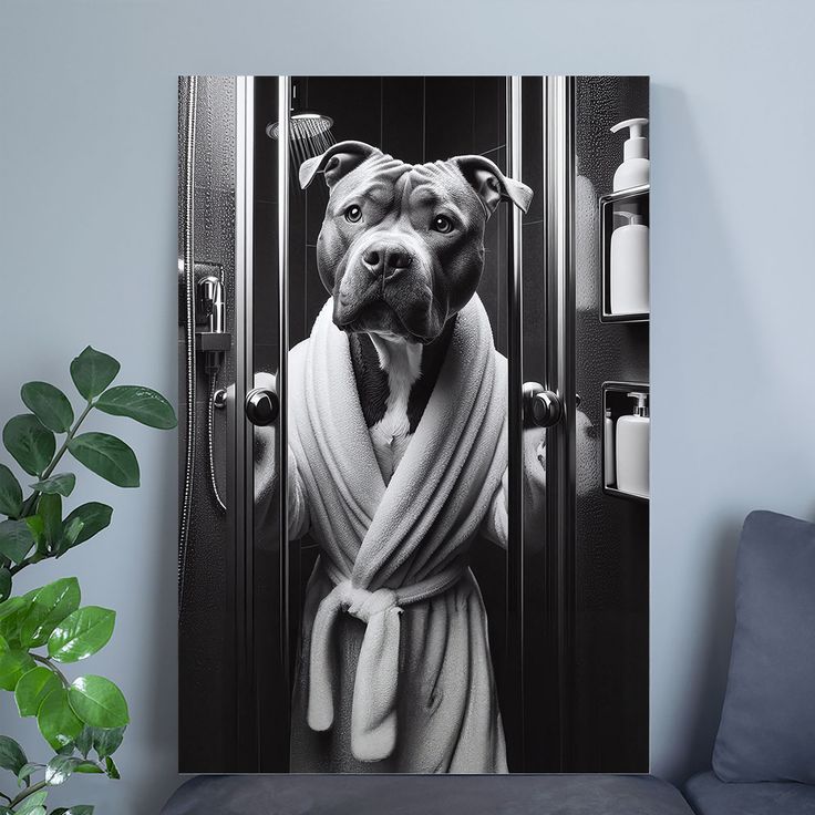 Cute Pitbull Dog Wearing Bathrobe Poster Framed Artwork Aesthetic Home Wall Decor for Living Room Bathroom Bedroom Size 24''x36''