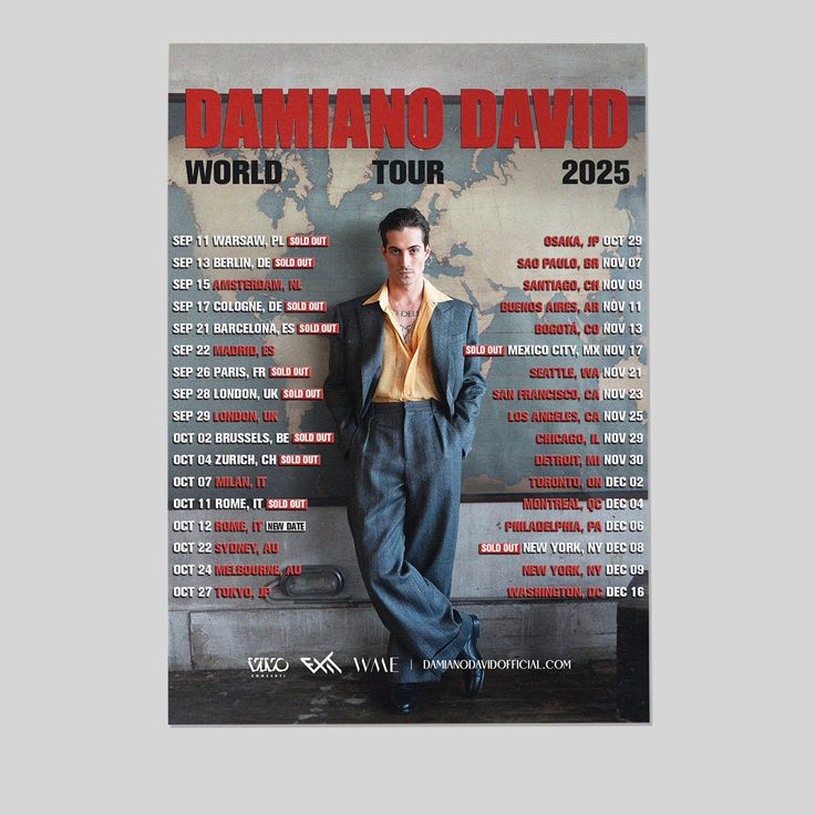 Damiano David World Tour 2025 Tour Dates Fan Gifts Home Decor Poster Size 24''x36''