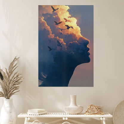 Vintage Poster - Surreal Cloud Head - Dreamy Abstract Woman Retro Style - Size 24x36