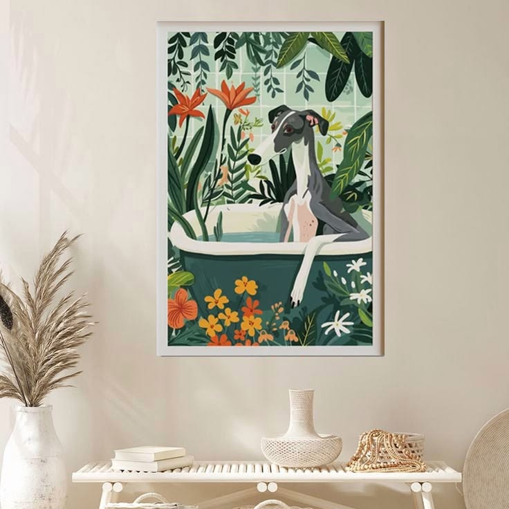 Greyhound Wall Art, Boho Jungle Bathtub Poster Full Size 24''x36''