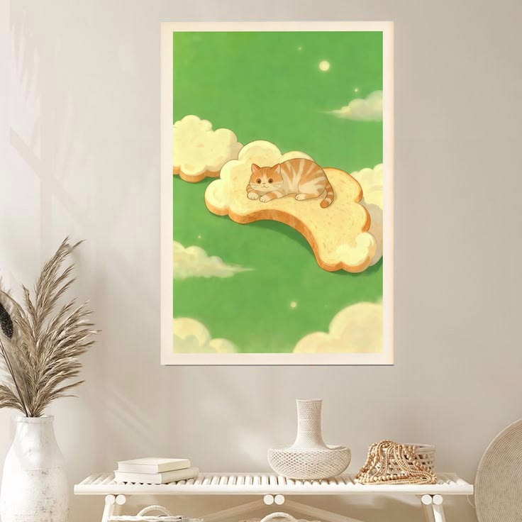 Cute Bread Cat Wall Art Poster, Dreamy Cat on Cloud Poster Full Size 24''x36''