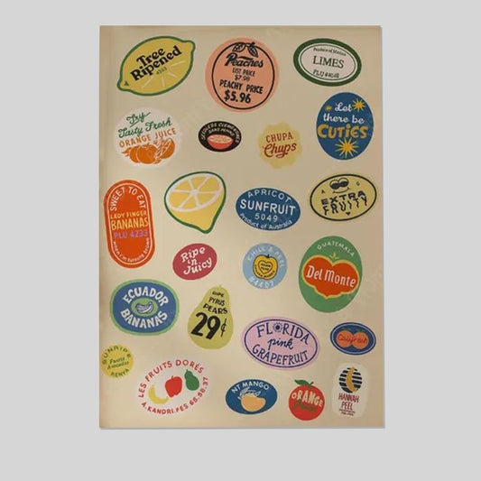 Vintage Fruit Stickers Art Print | Retro Kitchen Decor Poster Size 24''x36''