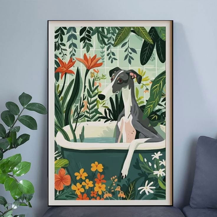 Greyhound Wall Art, Boho Jungle Bathtub Poster Full Size 24''x36''