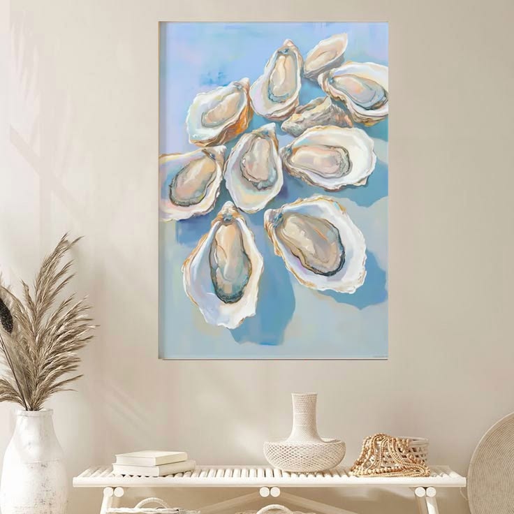 Blue Oyster Shell Poster, Abstract Coastal Beach House Art Poster Full Size 24''x36''