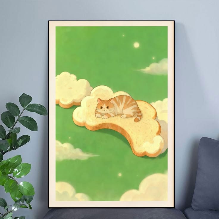 Cute Bread Cat Wall Art Poster, Dreamy Cat on Cloud Poster Full Size 24''x36''