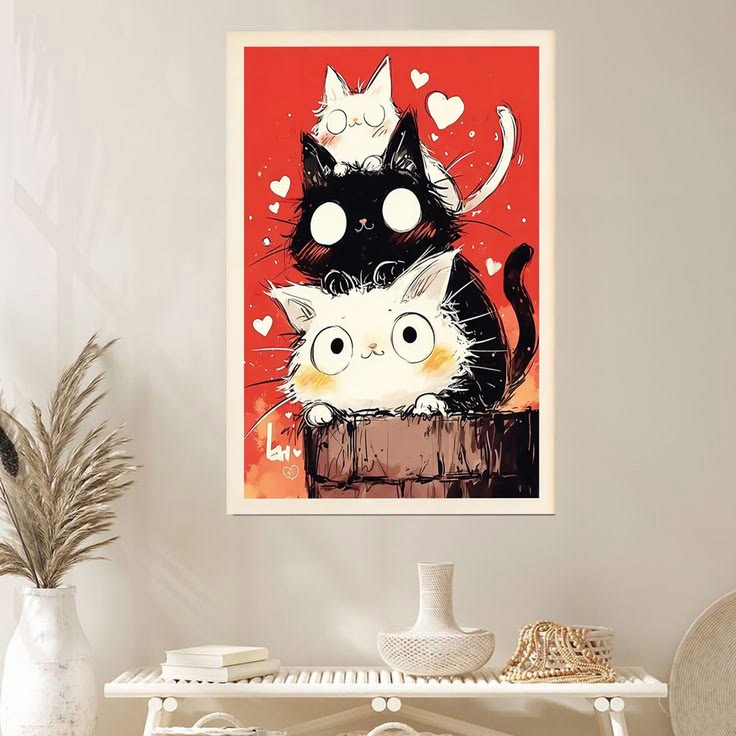 Cat Wall Art Poster, Stacked Kittens Illustration Poster Full Size 24''x36''