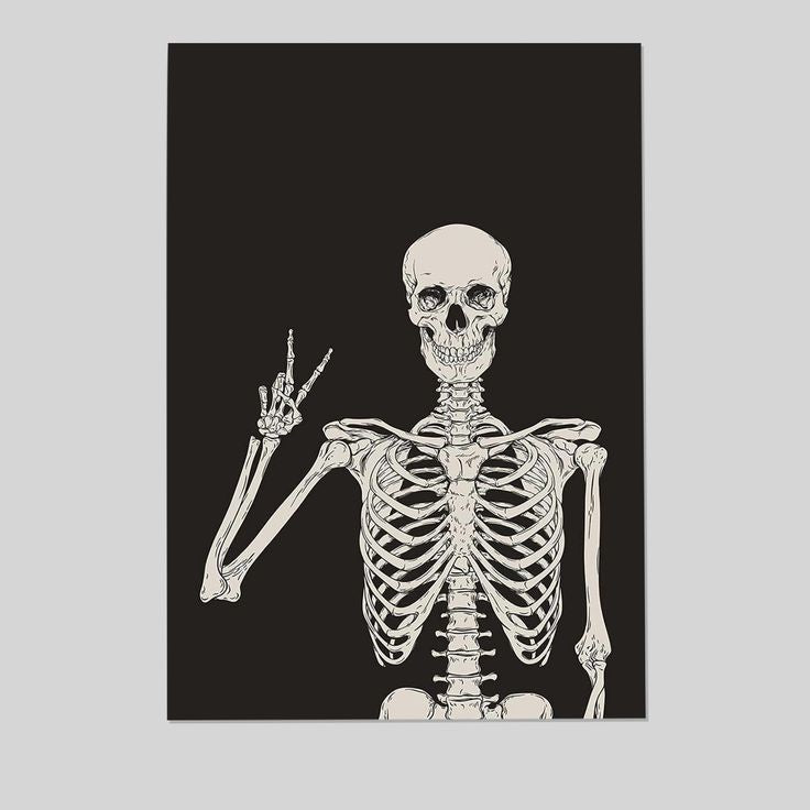Funny Black Skeleton Canvas Wall Art Spooky Decor Halloween Poster High Hand Peace Print Bones Minimalist Background Size 24''x36''