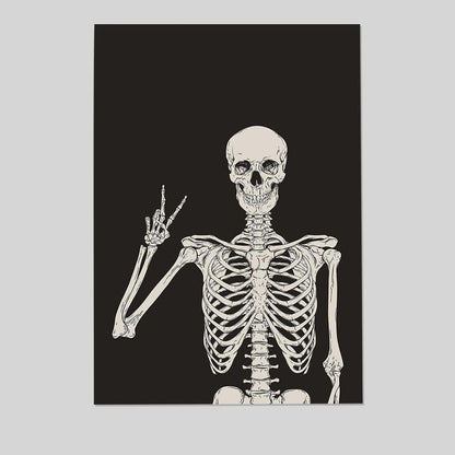 Funny Black Skeleton Canvas Wall Art Spooky Decor Halloween Poster High Hand Peace Print Bones Minimalist Background Size 24''x36''