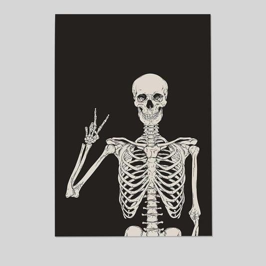Funny Black Skeleton Canvas Wall Art Spooky Decor Halloween Poster High Hand Peace Print Bones Minimalist Background Size 24''x36''