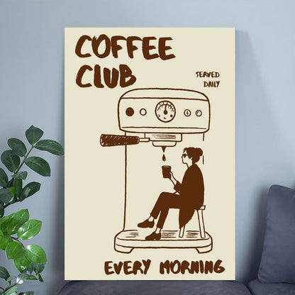 Vintage Poster - Coffee Club Hand Drawn Retro, Fun Kitchen Illlustration - Size 24x36