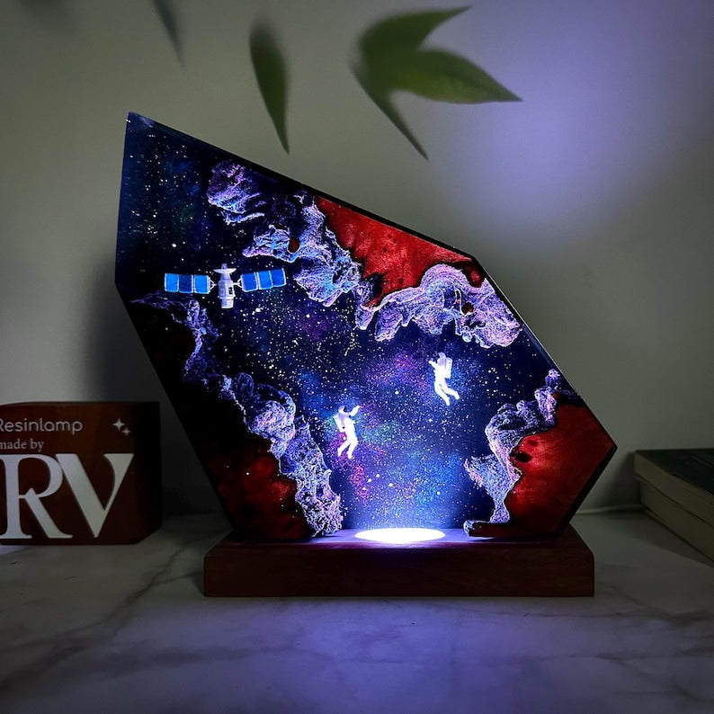 Custom Galaxy Night Light: Astronaut & Satellite Resin Wood Lamp, Interstellar Resin Lamp