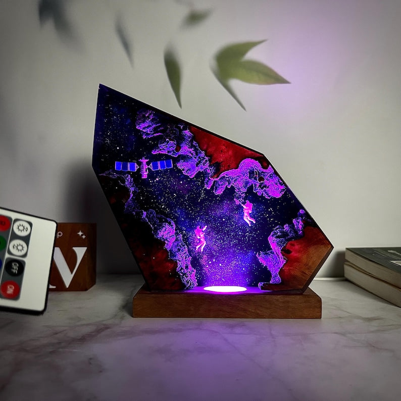 Custom Galaxy Night Light: Astronaut & Satellite Resin Wood Lamp, Interstellar Resin Lamp