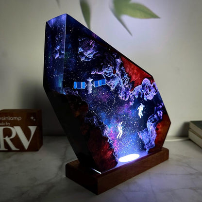 Custom Galaxy Night Light: Astronaut & Satellite Resin Wood Lamp, Interstellar Resin Lamp