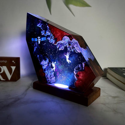 Custom Galaxy Night Light: Astronaut & Satellite Resin Wood Lamp, Interstellar Resin Lamp