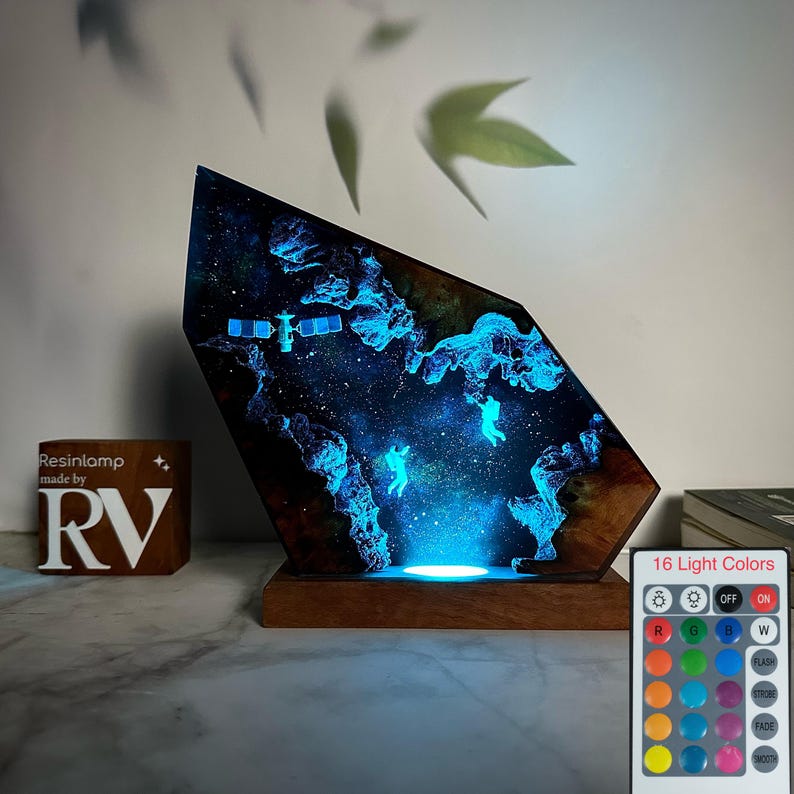 Custom Galaxy Night Light: Astronaut & Satellite Resin Wood Lamp, Interstellar Resin Lamp