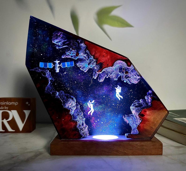 Custom Galaxy Night Light: Astronaut & Satellite Resin Wood Lamp, Interstellar Resin Lamp