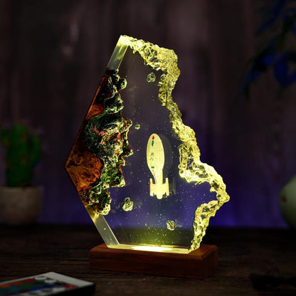 Custom Space Lamp, Spaceship, Galaxy Night Light, Resin & Wood Spacecraft Night Light
