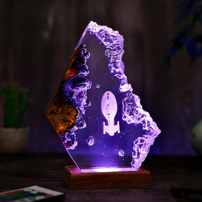 Custom Space Lamp, Spaceship, Galaxy Night Light, Resin & Wood Spacecraft Night Light