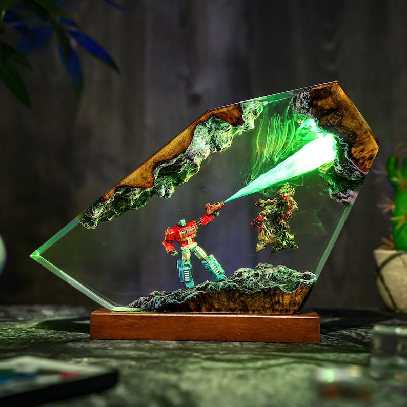 Optimus Titan vs Omega Destroyer Diorama Lamp: Handmade Resin Art
