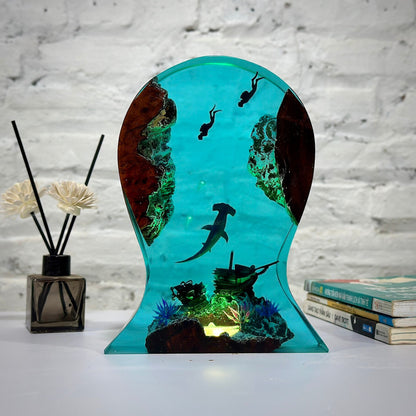 Epoxy Resin Ocean Lamp: Hammerhead Shark & Diver Night Light