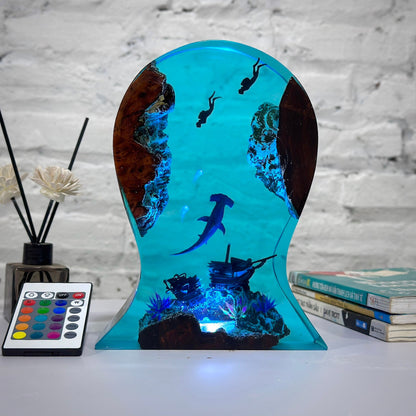 Epoxy Resin Ocean Lamp: Hammerhead Shark & Diver Night Light