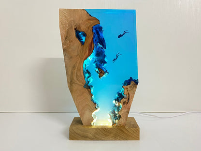 Diver's Night Light, Scuba Diving Deep Sea Exploration, Personalised Epoxy Wooden Light, Freediving, Halloween Gift, Christmas Gift