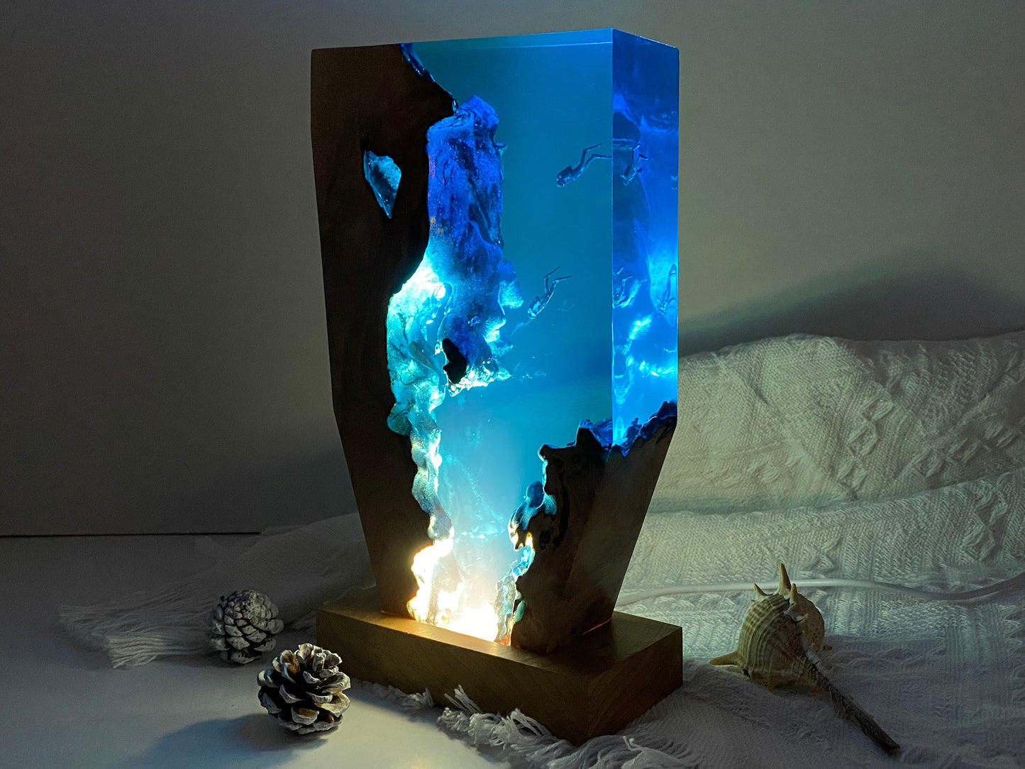 Diver's Night Light, Scuba Diving Deep Sea Exploration, Personalised Epoxy Wooden Light, Freediving, Halloween Gift, Christmas Gift